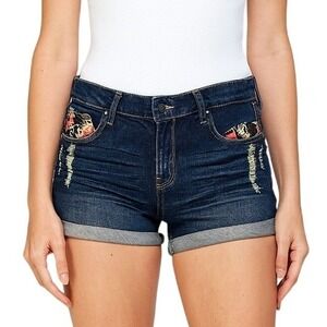 Iris Jeans‎ Denim Shorts L Blue Floral Distressed Cuffed Cut Off Festivals Boho